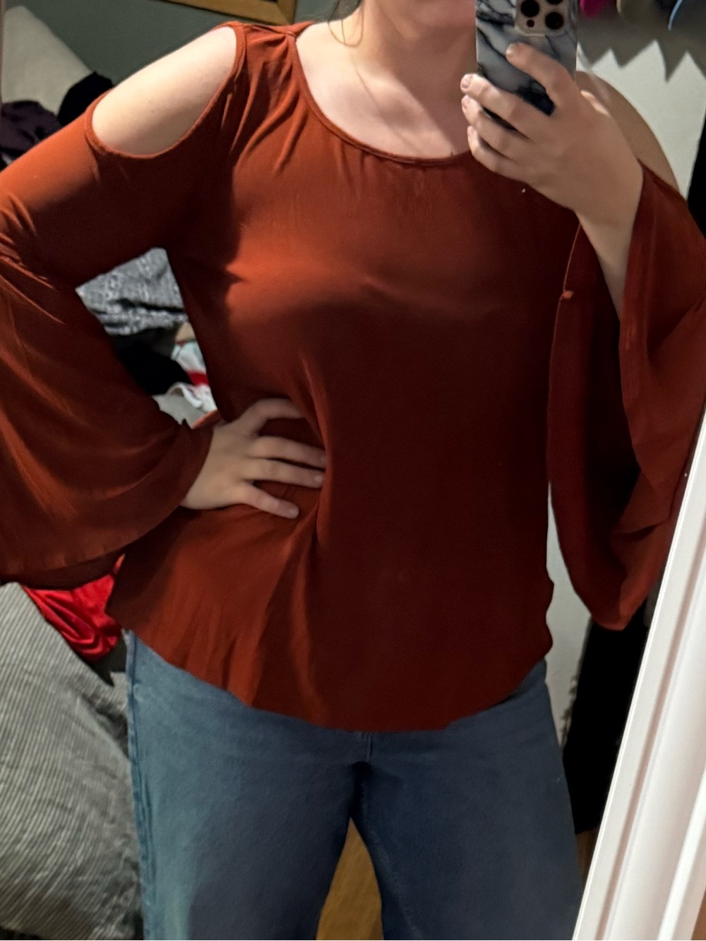 Kate & Mallory Rust Cold-Shoulder Bell Sleeve Top